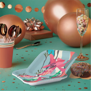 Happy Birthday Colourful Pink Magnolia Abstract Paper Plate