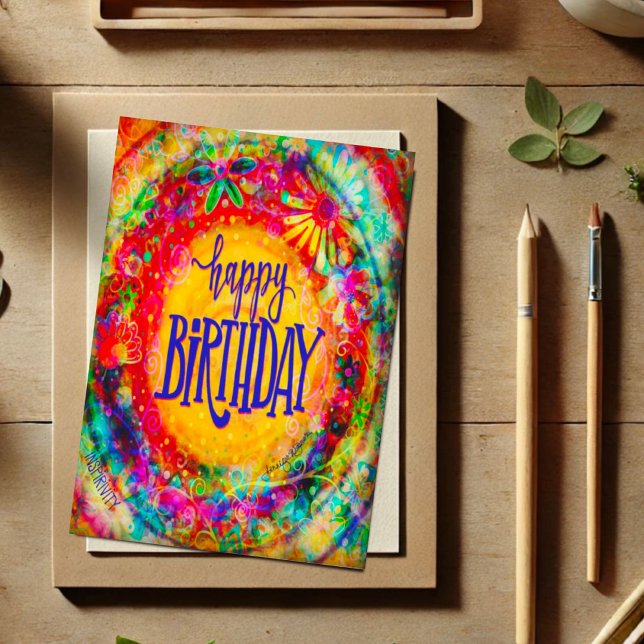 Happy Birthday Colourful Pretty Floral Fun Boho Card (Creator Uploaded)