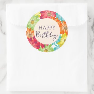 Happy Birthday Colourful Spring Flowers     Classic Round Sticker