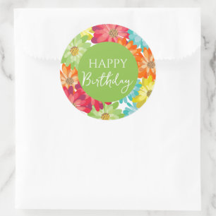 Happy Birthday Colourful Spring Flowers Classic Round Sticker