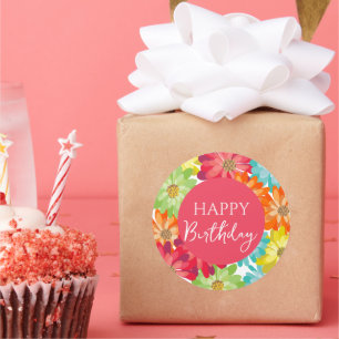 Happy Birthday Colourful Spring Flowers     Classic Round Sticker