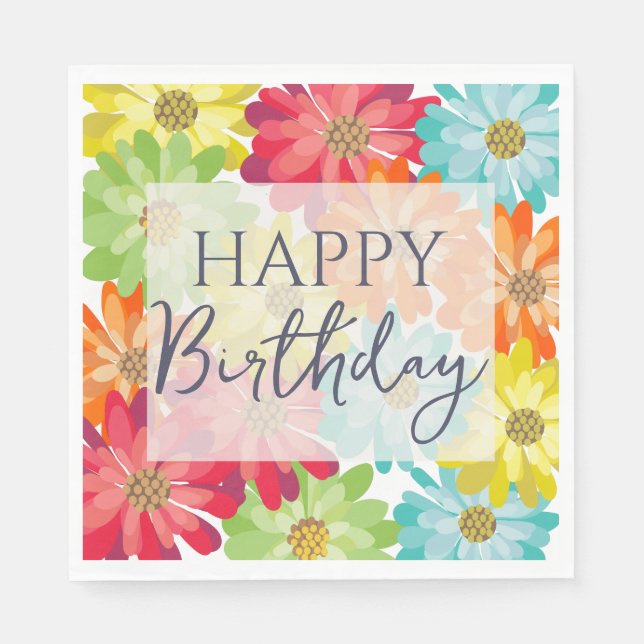 Happy Birthday Colourful Spring Flowers  Napkin (Front)