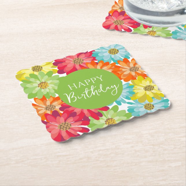 Happy Birthday Colourful Spring Flowers       Paper Coaster (Angled)