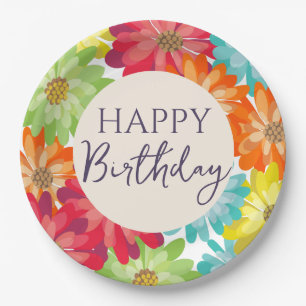 Happy Birthday Colourful Spring Flowers      Paper Plate