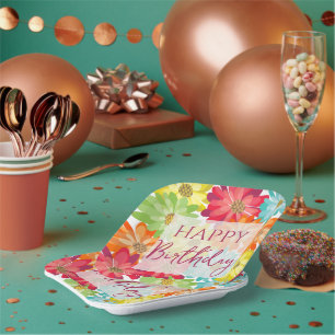 Happy Birthday Colourful Spring Flowers Paper Plate