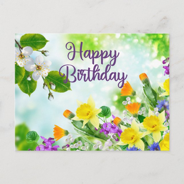 Happy Birthday Colourful Spring Flowers  Postcard (Front)