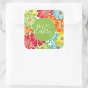 Happy Birthday Colourful Spring Flowers Square Sticker