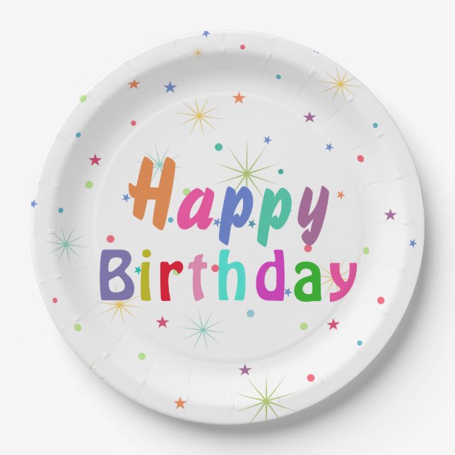 Happy Birthday Colourful Stars and Text    Paper Plate (Front)