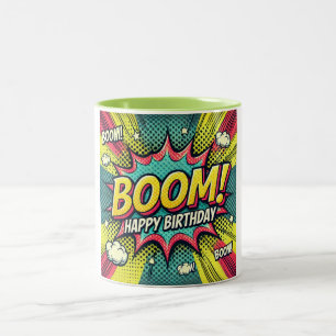 Happy Birthday Comic Book Boom Two-Tone Coffee Mug