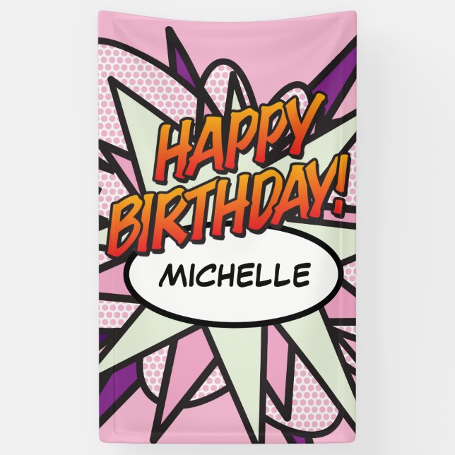 HAPPY BIRTHDAY Comic Book Pop Art Pink Banner (Vertical)