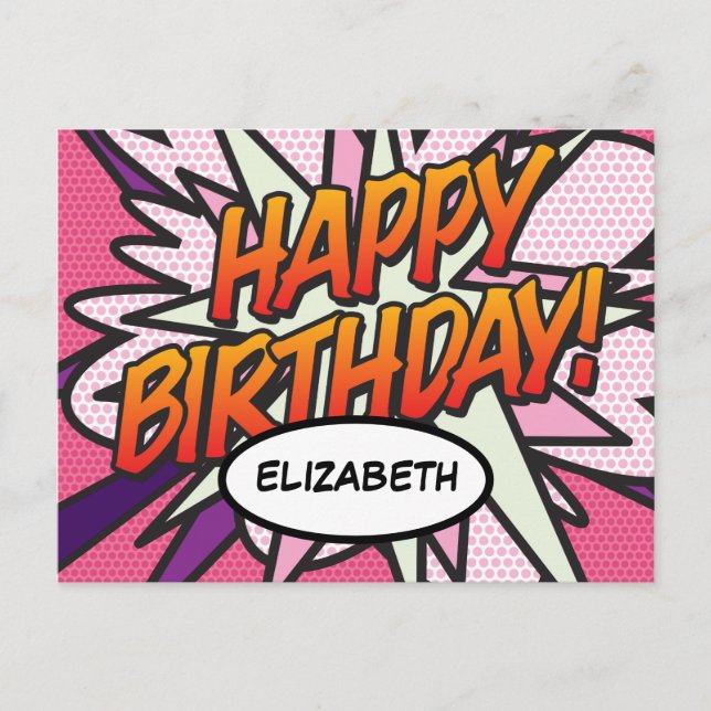 HAPPY BIRTHDAY Comic Book Pop Art Pink Postcard (Front)