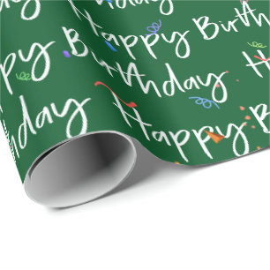 Happy Birthday Confetti on Green Wrapping Paper
