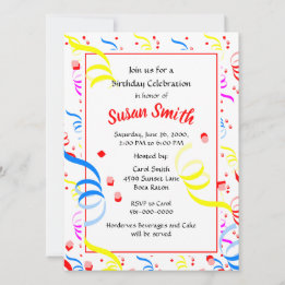 Happy Birthday Confetti Streamer Party Invitation