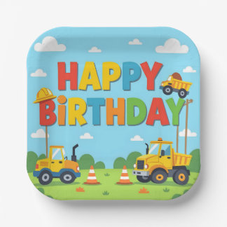Happy birthday construction builder theme paper plate