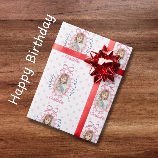 Happy Birthday Coquette Bow Custom Photo Name Wrapping Paper (Creator Uploaded)