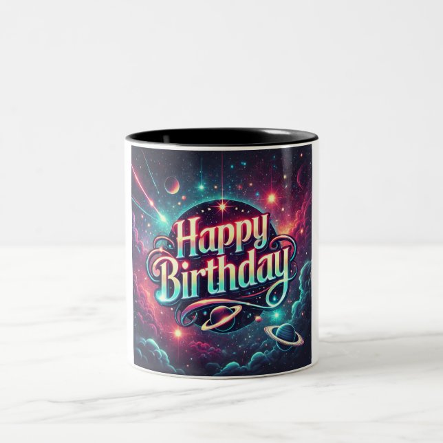 Happy Birthday Cosmic Galaxy Magic Two-Tone Coffee Mug (Center)