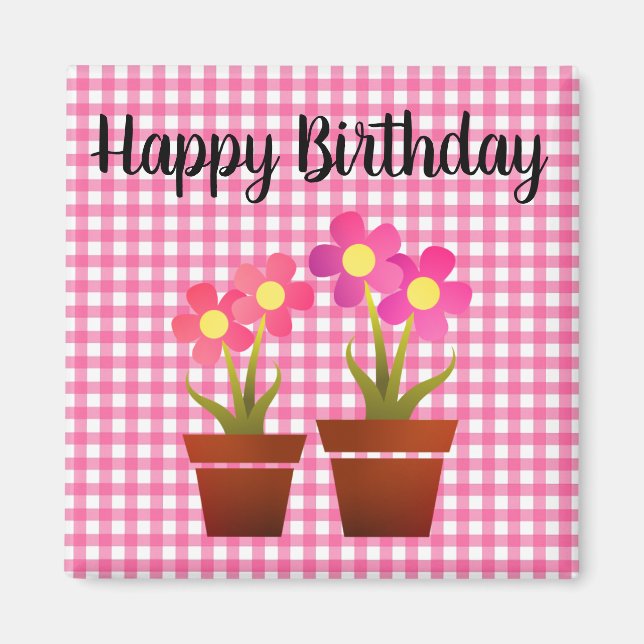 Happy Birthday Country Pink Gingham Floral Magnet (Front)