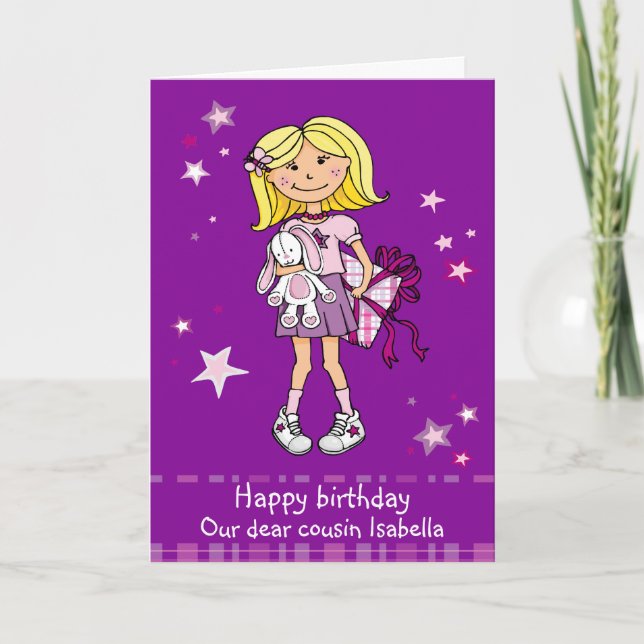 Happy Birthday cousin blonde girl purple card (Front)