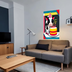Happy Birthday, cow, cake AI Art Poster