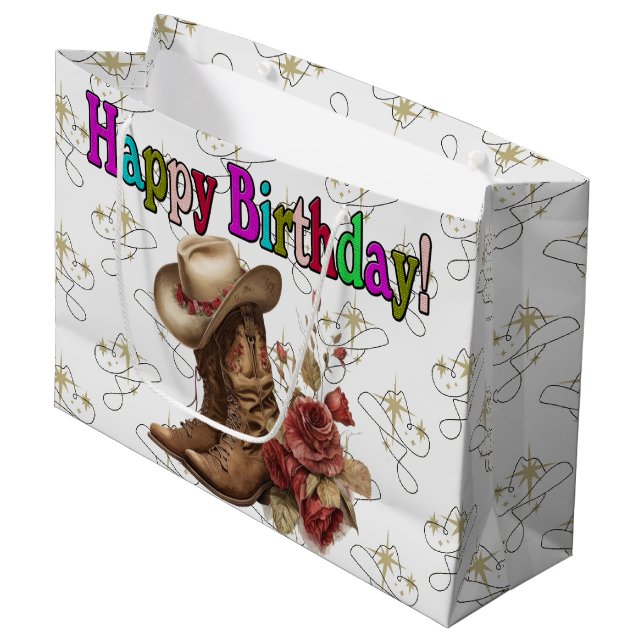 Happy Birthday Cowgirl  Large Gift Bag (Front Angled)