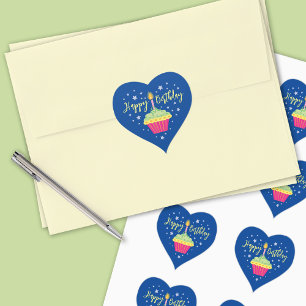 Happy Birthday Cupcake Blue Heart Sticker