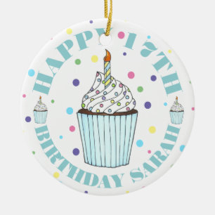 Happy Birthday Cupcake Candle Pastel Polka Dots Ceramic Tree Decoration