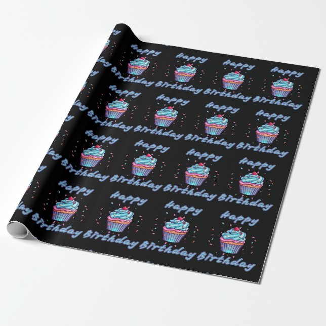 Happy Birthday Cupcake Confetti Wrapping Paper (Unrolled)