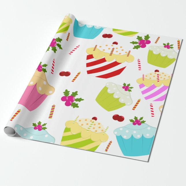 Happy Birthday Cupcake Pattern Wrapping Paper (Unrolled)