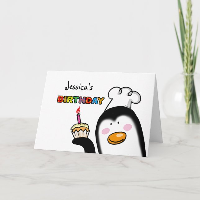 Happy Birthday cupcake penguin chef Card (Front)