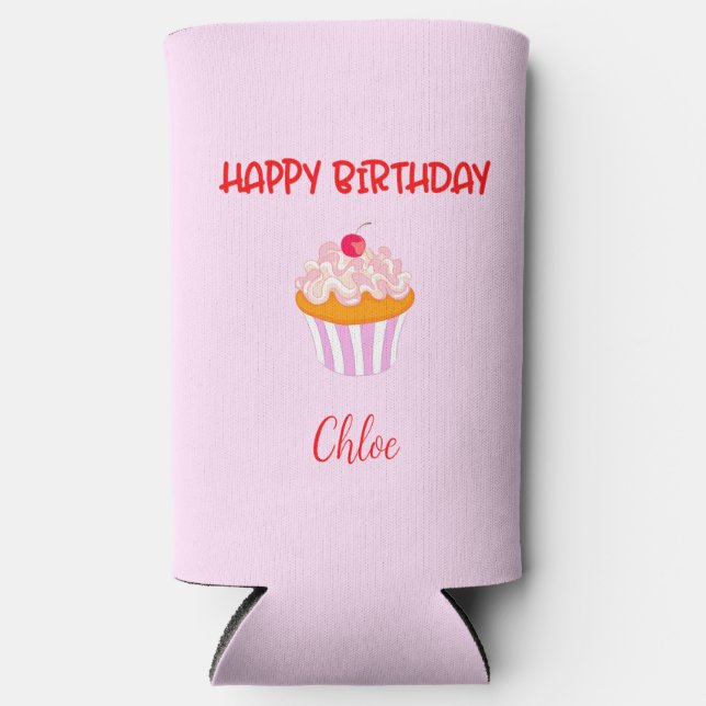 Happy Birthday Cupcake Personalised with Name  Seltzer Can Cooler (Front)