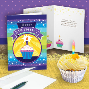 Happy Birthday Cupcake Stars Purple Blue Card