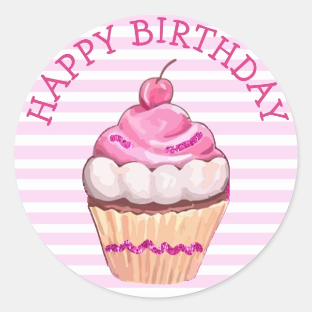 Happy Birthday Cupcake Stickers pink and white (Front)