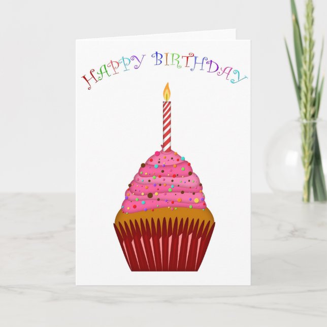 Happy Birthday Cupcake with One Candle Card (Front)
