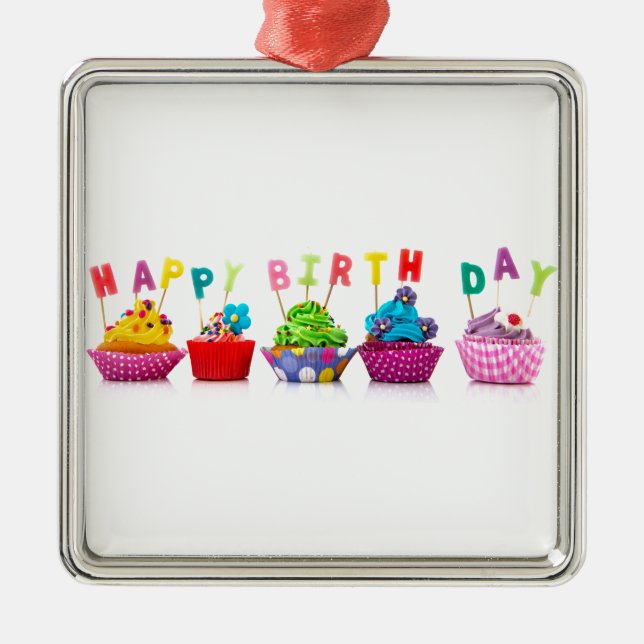 Happy Birthday Cupcakes Metal Tree Decoration (Front)