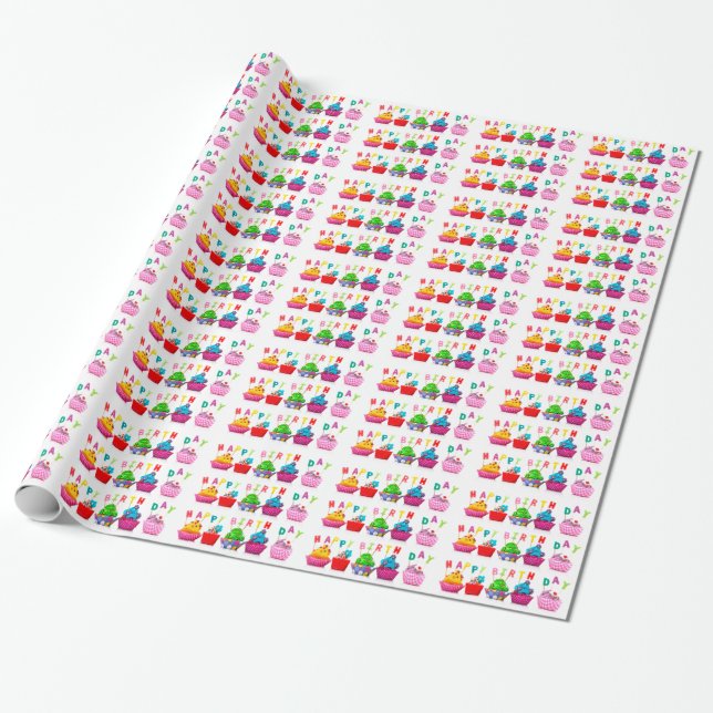 Happy Birthday Cupcakes Wrapping Paper (Unrolled)