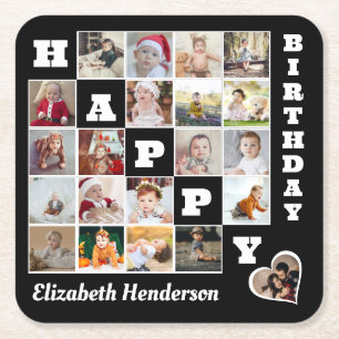 Happy Birthday Custom 21 Photo Collage Gift Square Paper Coaster