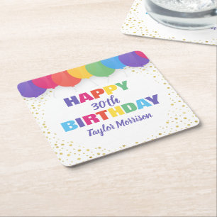 Happy Birthday Custom Age Name Colourful Balloons Square Paper Coaster