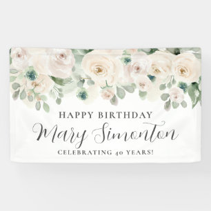 Happy Birthday Custom Banner White Floral 40th