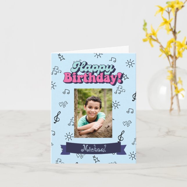 Happy Birthday Custom Blue Photo  Card (Yellow Flower)