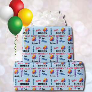 Happy Birthday Custom Boys Name and Age Wrapping Paper