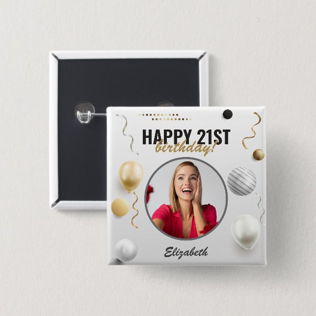 Happy Birthday Custom Modern Photo Gift 15 Cm Square Badge (Front & Back)