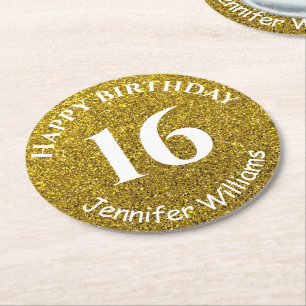 Happy Birthday Custom Name Age Year Gold Glitter Round Paper Coaster
