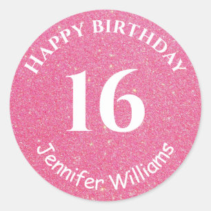 Happy Birthday Custom Name Age Year Pink Glitter Classic Round Sticker