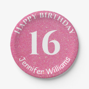 Happy Birthday Custom Name Age Year Pink Glitter Paper Plate
