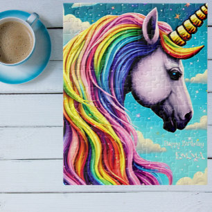 Happy Birthday Custom Name and Rainbow Unicorn Jigsaw Puzzle