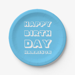 Happy Birthday Custom Name light blue Modern Paper Plate