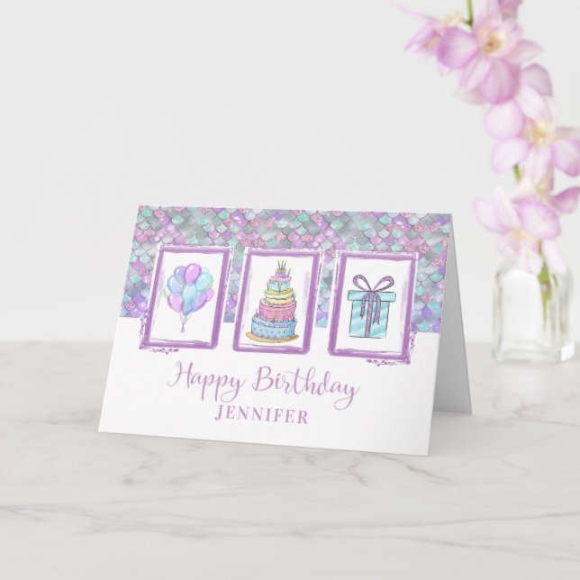 Happy Birthday Custom Name Modern Purple and Aqua Card (Orchid)