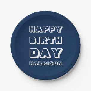 Happy Birthday Custom Name navy blue white Paper Plate