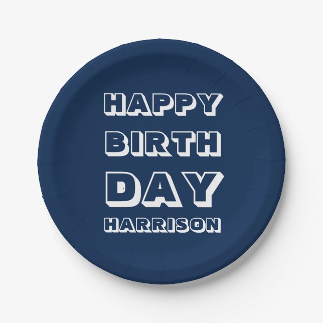 Happy Birthday Custom Name navy blue white Paper Plate (Front)