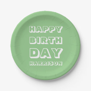 Happy Birthday Custom Name sage green modern Paper Plate